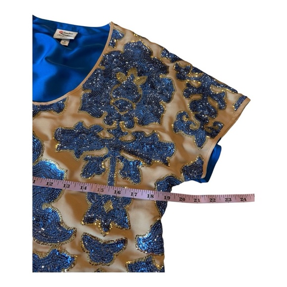 Tracy Reese Mixed Media Cap Sleeve Sequin Sheer Overlay Blue Tan Size M Neiman - Picture 11 of 14